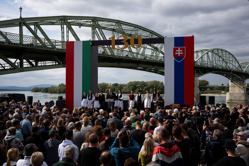 Slovakia's Prime Minister Robert Fico delivers his speech during the 130th anniversary celebration of Mária Valeria Bridge in Esztergom, Hungary, on Sunday, Sept. 28, 2025. (A