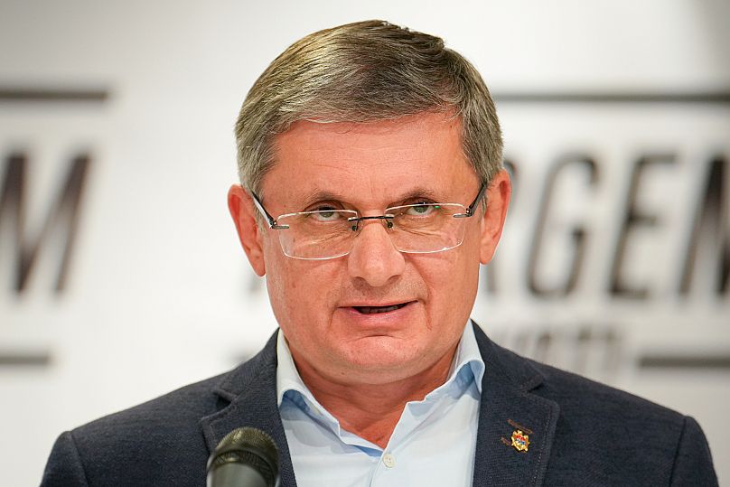 Igor Grosu, president of Moldova's parliament and leader of the pro-EU Party of Action and Solidarity speaks to the media during a press briefing after the polls closed.