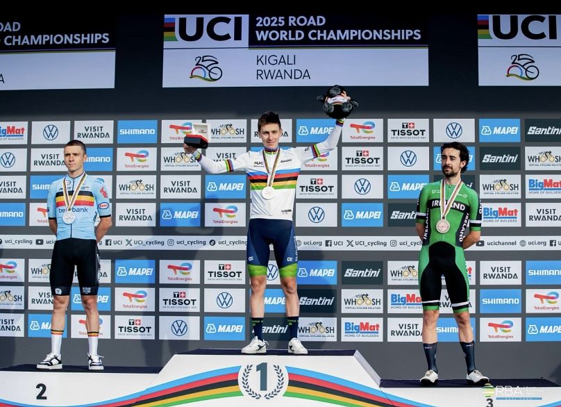 Slovenian rider Tadej Pogacar took gold at the UCI Road World Championships men's elite road race in Kigali, Sep. 28, 2025