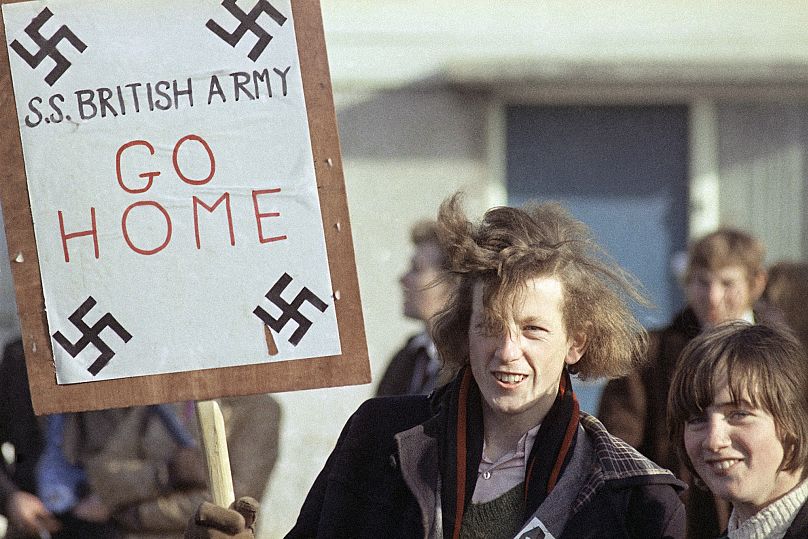 Anti-British protesters in the streets of Enniskillen, February, 1972