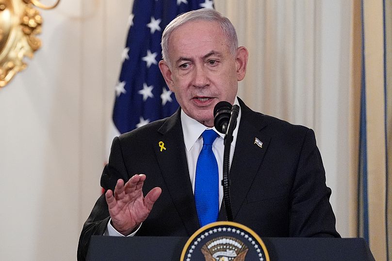 Israel's Prime Minister Benjamin Netanyahu speaks during a news conference with President Donald Trump in the State Dining Room of the White House, 29 September, 2025