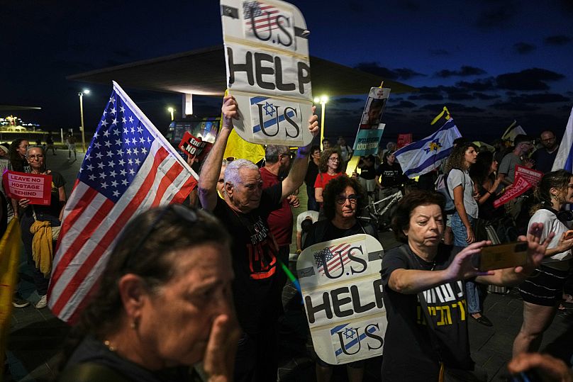 Relatives and supporters of hostages held by Hamas in Gaza call for their immediate release in front of the US Embassy branch office in Tel Aviv, 29 September, 2025
