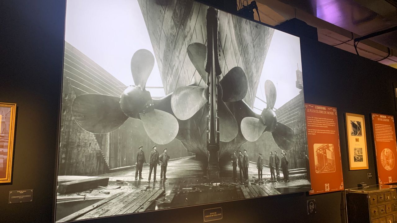 A reproduction of the photo of the Titanic's propellers at her construction site in Belfast, taken in 1911.