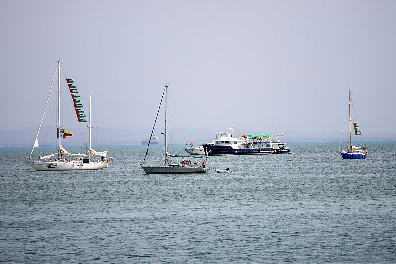 Ships part of the Global Sumud Flotilla heading to Gaza anchored off the coast of Sidi Bou Saïd in Tunisia, 9 September, 2025