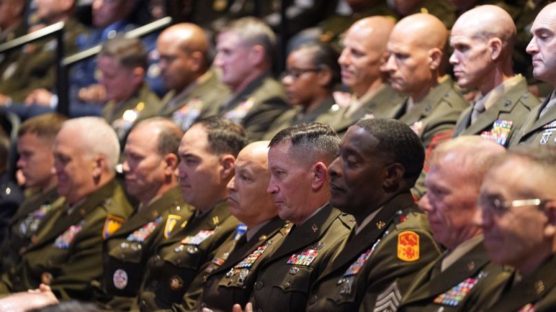 US military senior leadership listen as President Donald Trump speaks at Marine Corps Base Quantico, Tuesday, Sept. 30, 2025 in Quantico, Va, United States