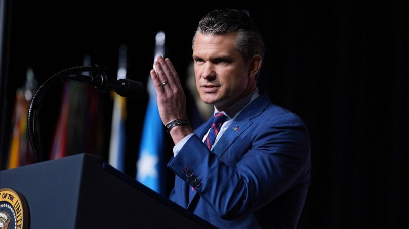US Defence Secretary Pete Hegseth speaks to a gathering of top US military commanders at Marine Corps Base Quantico, Tuesday, Sept. 30, 2025, in Quantico, Va, United States