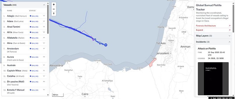 Localización de los barcos de la Flotilla Global Sumud a las 11:10 del 1 de octubre, hora central europea.