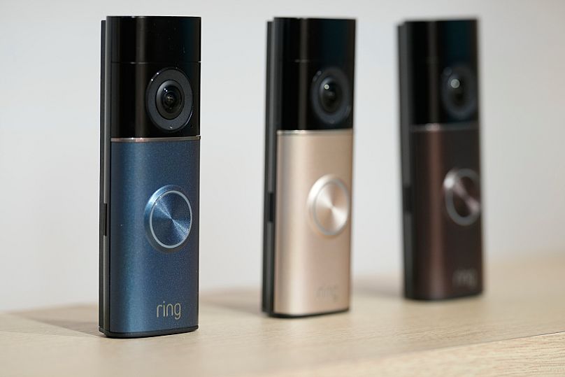 New ring doorbells are displays during an Amazon event in New York, Tuesday, Sept. 30, 2025. 