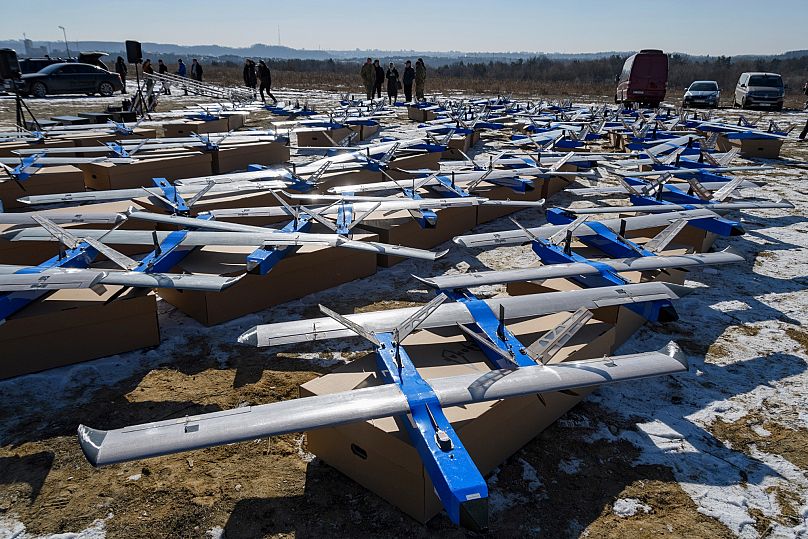 Ukrainian-made fixed-wing Besomar 3210 drone interceptors in an undisclosed location in the Lviv region, Ukraine, Feb. 21, 2025. 
