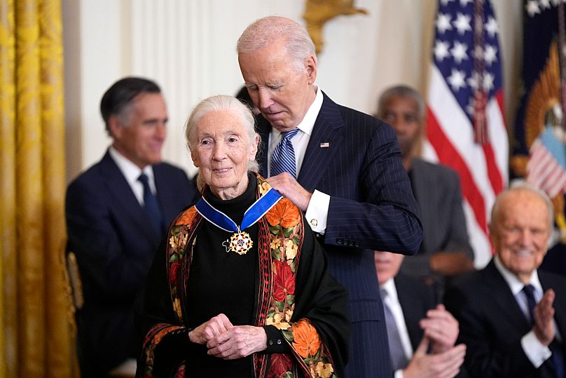 President Joe Biden presents the Presidential Medal of Freedom to Jane Goodall in the East Room of the White House, 4 January, 2025