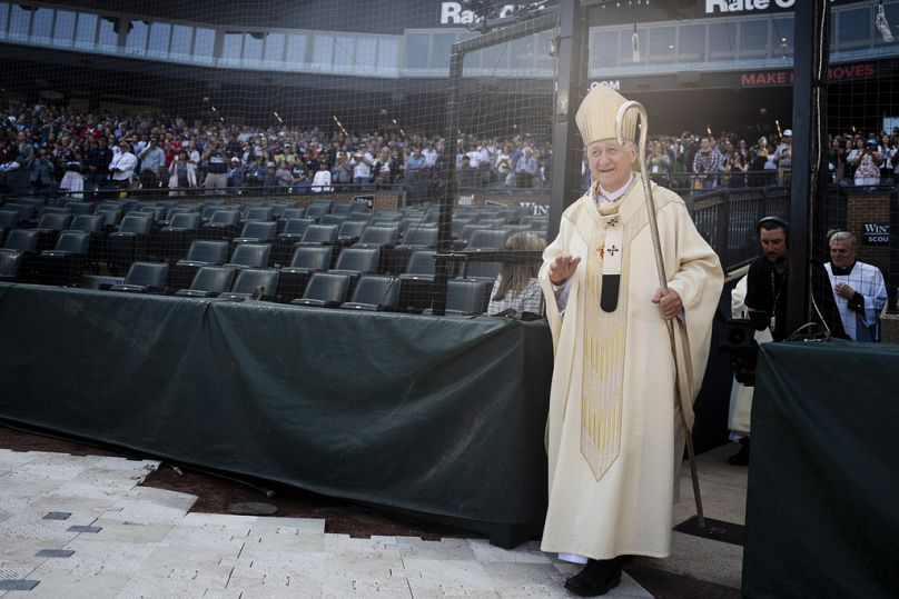 Cardinal Blase Cupich enters the field for a mass during the Archdiocese of Chicago's celebration of Pope Leo XIV at Rate Field, Saturday, June 14, 2025