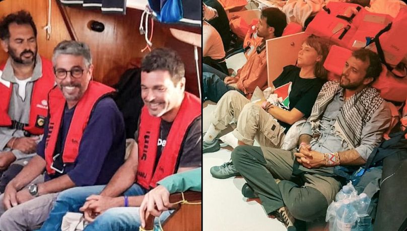 غريتا تونبرغ وناشطون آخرون بعد اعتراض البحرية الإسرائيلية "أسطول الصمود" المحمّل بمساعدات إنسانية إلى غزة، 1 أكتوبر 2025
