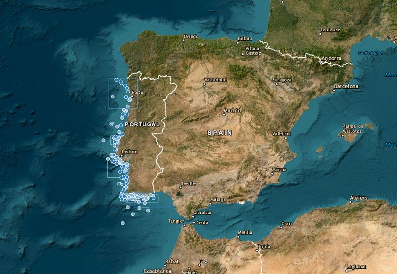 Mapa dos eventos com orcas registados este ano na costa portuguesa