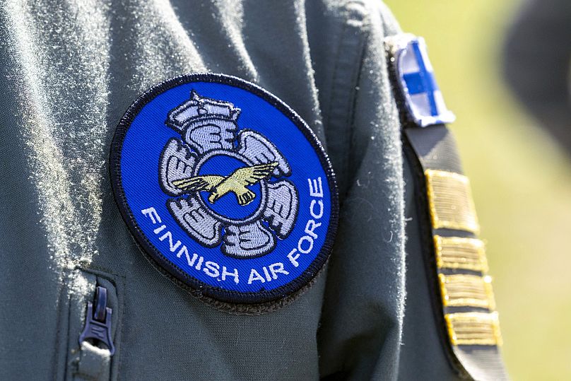 The logo of Finnish Air Forces is seen on the uniform in Jyvaskyla, 31 July, 2019