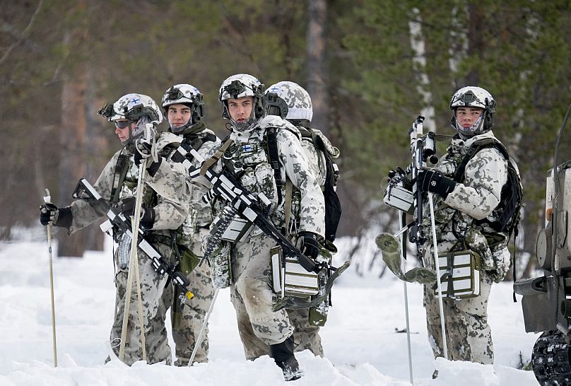 Finnish hunter soldiers during training together with Swedish units in Hetta in northern Finland, 5 March, 2024