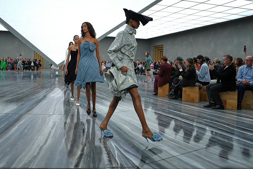 Pyramid parade: Models wear creations from Dior Spring/Summer 2026 collection in Paris, 1 Oct 2026