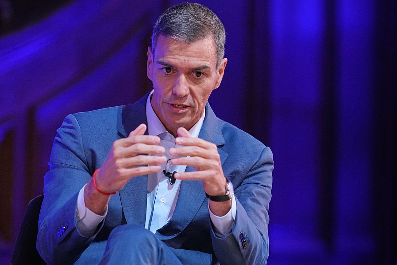 Prime Minister of Spain Pedro Sánchez gestures as he speaks at the Global Progress Action Summit in London, 26 September, 2025