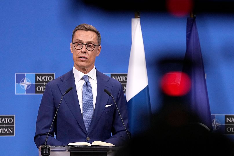 Finland's President Alexander Stubb speaks during a media conference at NATO headquarters in Brussels, 8 October, 2024