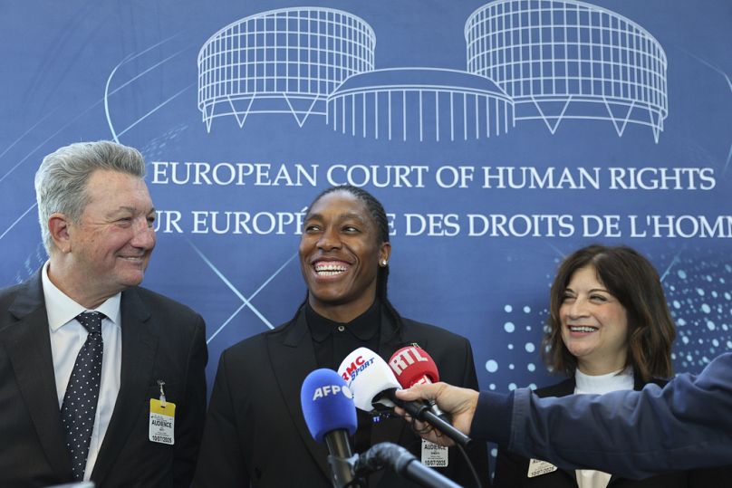 South Africa's Caster Semenya, center, at the European Court of Human Rights, Thursday, July 10, 2025 in Strasbourg, eastern France. 