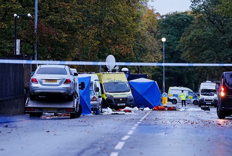 Police investigation continues at the scene near Heaton Park Hebrew Congregation Synagogue in Crumpsall, Manchester, England Friday, Oct. 3, 2025.