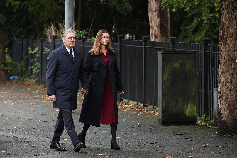 Britain's Prime Minister Keir Starmer and his wife Victoria arrive to visit the Heaton Park Hebrew Congregation synagogue in Manchester, 3 October, 2025