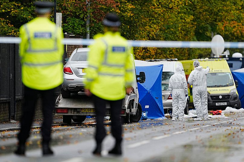 The police investigation continues at the scene near Heaton Park Hebrew Congregation synagogue in Manchester, 3 October, 2025