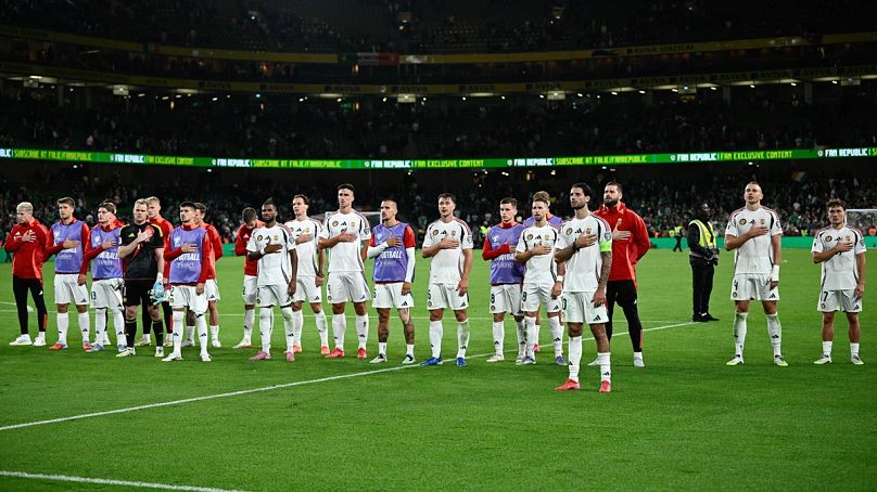 A magyar csapat tagjai az Írország-Magyarország (2-2) labdarúgó világbajnoki selejtező mérkőzés után a dublini Aviva Stadionban 2025. szeptember 6-án