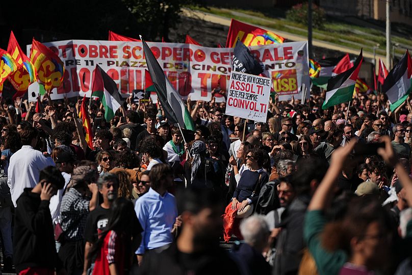Pro-Palestinian demonstrators gather for a national general strike in Rome, 3 October, 2025