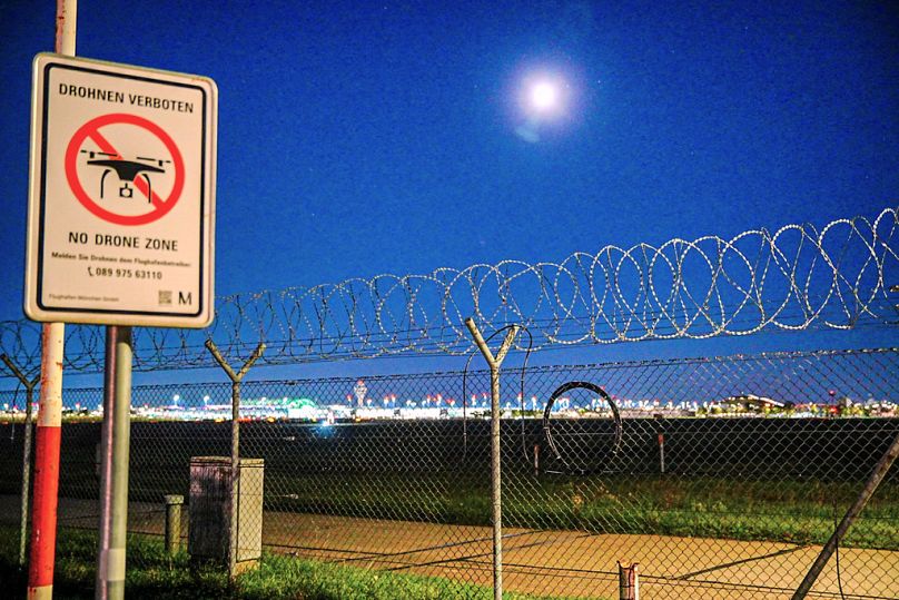 A sign prohibiting drones is seen at the Munich Airport on Friday, Oct. 3, 2025. (Enrique Kaczor/dpa via AP)