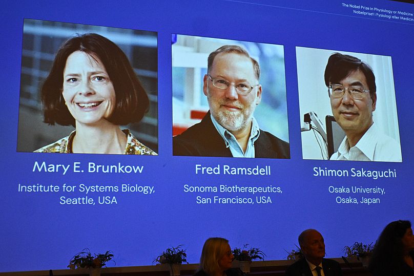 Les photos de Mary E Brunkow, Fred Ramsdell et Shimon Sakaguchi, lauréats du prix Nobel de médecine ou de physiologie 2025, à Stockholm, en Suède, le lundi 6 octobre 2025