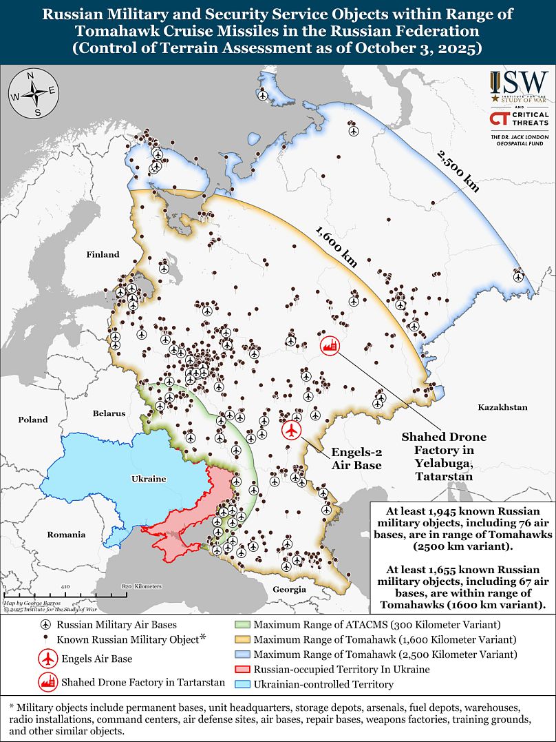 Russian military and Security service objects within range of Tomahawk missiles, ISW 