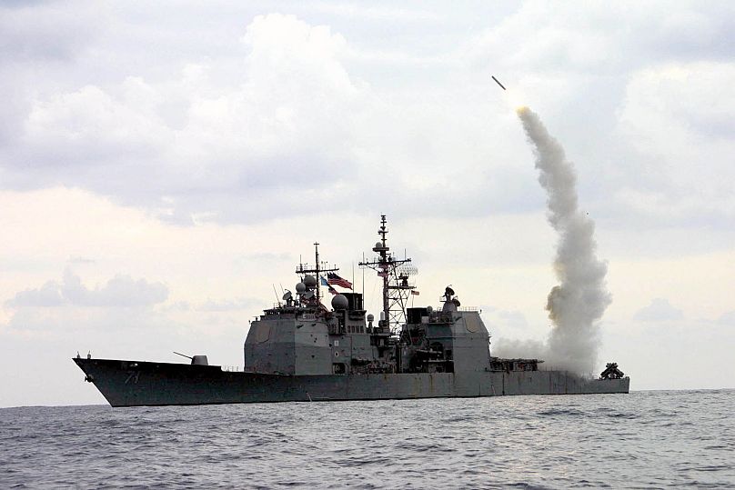 A Tomahawk Land Attack Missile (TLAM) launches from the guided missile cruiser USS Cape St. George in the Mediterranean Sea, 23 March, 2003