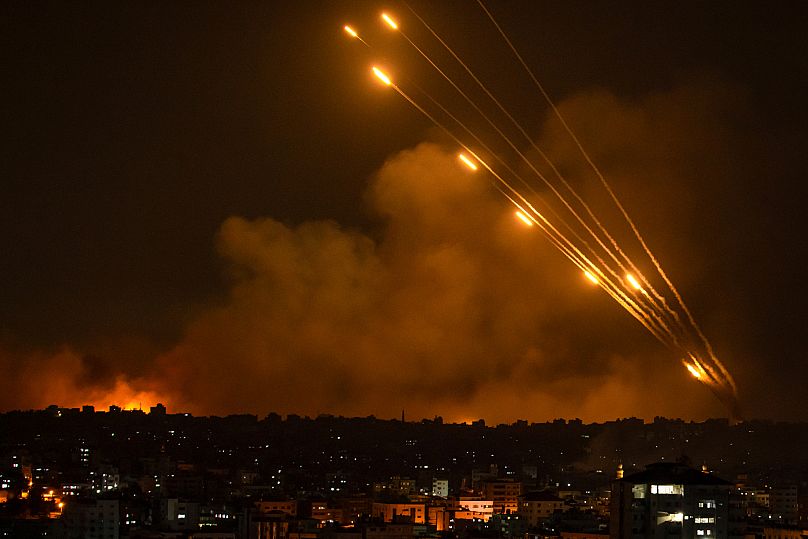 Rockets are fired toward Israel from the Gaza Strip, 8 October, 2023