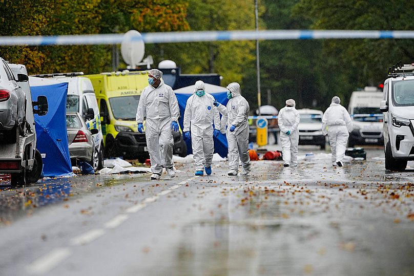 The police investigation continues at the scene near Heaton Park Hebrew Congregation synagogue in Manchester, 3 October, 2025