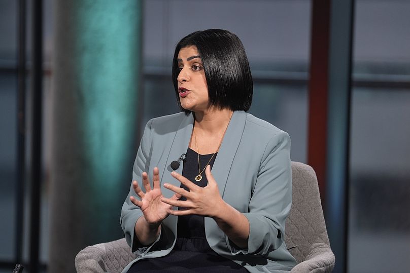 Britain's Home Secretary Shabana Mahmood speaks during an appearance on the BBC One current affairs programme Sunday with Laura Kuenssberg in Salford, 5 October, 2025