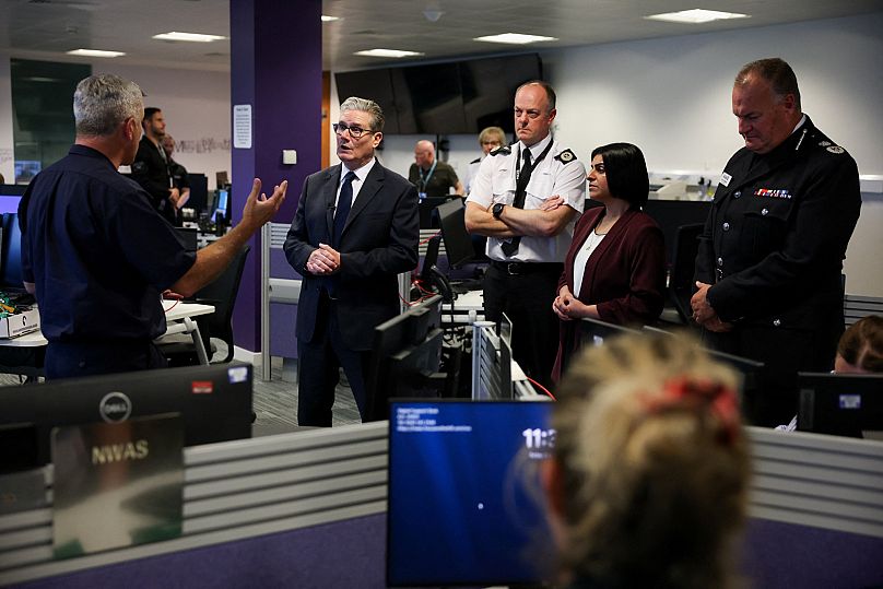 Britain's Prime Minister Keir Starmer and Home Secretary Shabana Mahmood visit the Greater Manchester Police headquarters in Manchester, 3 October, 2025