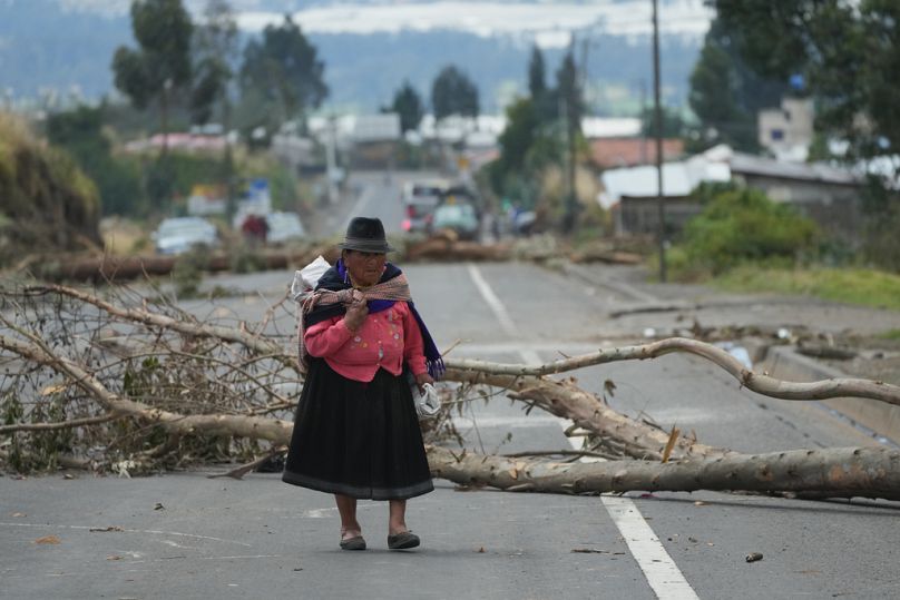 Una mujer indígena atraviesa los bloqueos de carretera colocados por manifestantes que protestan contra la eliminación del subsidio al diésel del Gobierno, 5 octubre 2025.