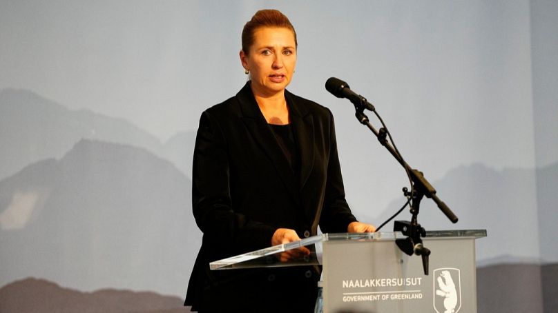 FILE: Denmark Prime Minister Mette Frederiksen talks during a meeting in the cultural house Katuaq in Nuuk, Greenland, Wednesday Sept. 24, 2025.