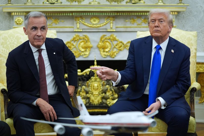 President Donald Trump and Canadian Prime Minister Mark Carney meet in the Oval Office of the White House, Tuesday, Oct. 7, 2025, in Washington