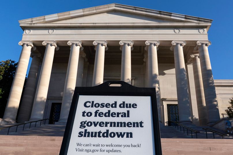A sign that reads "Closed due to federal government shutdown," seen outside the National Gallery of Art on the 6th day of the government shutdown, in DC, Monday, Oct. 6, 2025