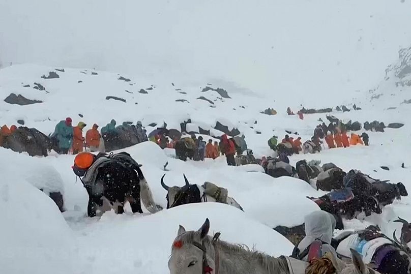 Os aldeões sobem a montanha durante os esforços de salvamento para chegar a centenas de caminhantes presos pela neve pesada em acampamentos turísticos numa encosta do Monte Evereste, domingo, 5 de outubro de 2025.