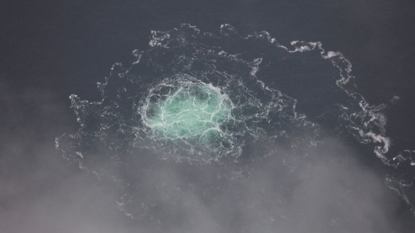 FILE: In this picture provided by Swedish Coast Guard, a leak from Nord Stream 2 is seen, on Sept. 28, 2022.
