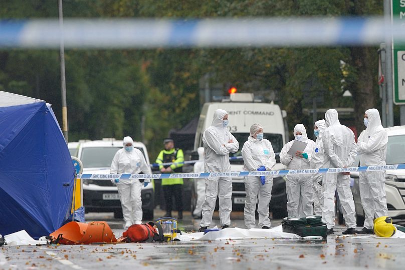 Forensic teams work at the scene of a stabbing incident at Heaton Park Hebrew Congregation synagogue, 3 October, 2025