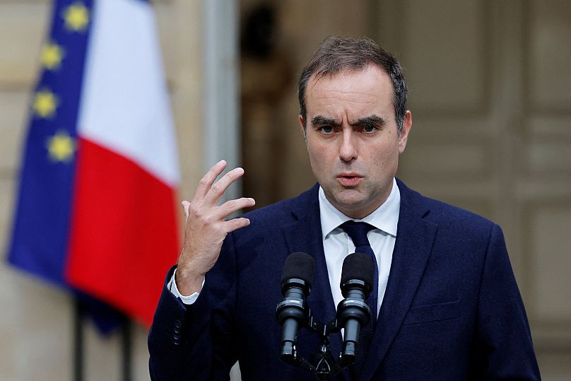 French outgoing Prime Minister Sebastien Lecornu makes a statement at the Hotel Matignon, the Prime Minister's residence, Wednesday 8 October 2025.