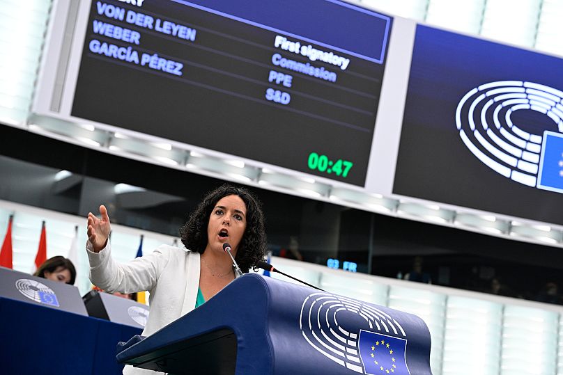 FILE: French far-left European Parliament member Manon Aubry speaks during a no-confidence debate against the European Commission in Strasbourg, 6 October 2025