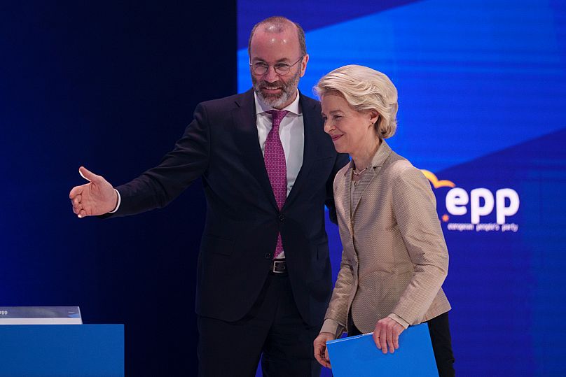 FILE: EPP group head Manfred Weber congratulates European Commission President Ursula von der Leyen after her speech at the EPP Congress in Bucharest, 7 March 2024