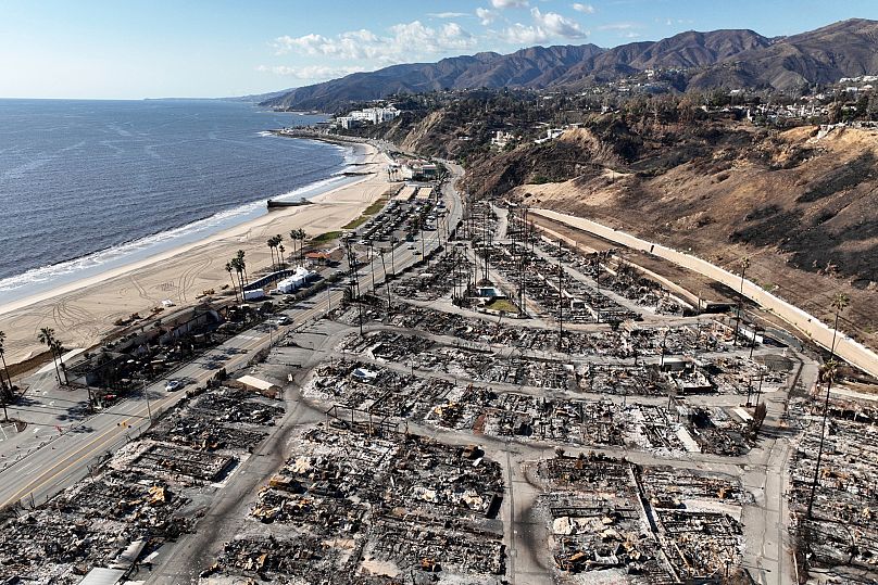 An aerial view shows the devastation left by the Palisades Fire in the Pacific Palisades section of Los Angeles, 27 January, 2025