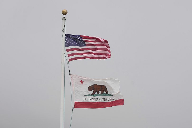 Flags of the United States and the state of California at the Golden Gate Bridge Vista Point in Sausalito, 2 July, 2025