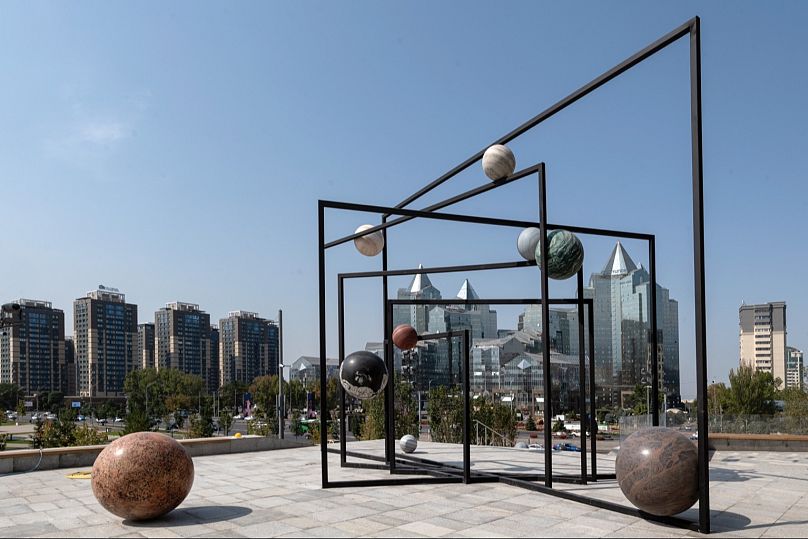 Alicja Kwade, Pre-Position (2023), installed outside the Almaty Museum of Arts