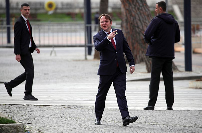 FILE: European Commissioner for Neighbourhood and Enlargement Oliver Varhelyi arrives for a summit in Tirana, 29 February 2024